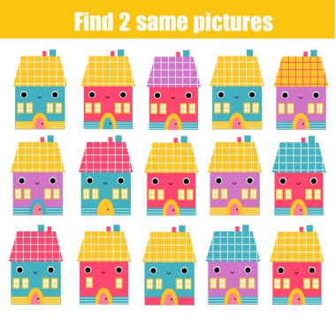 Çocukların eğitici oyunu. Şirin Ev 'in aynı iki resmini bul. Bebekler ve bebekler için etkinlik eğlence sayfası