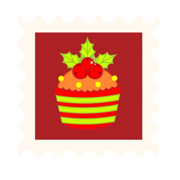 Chiristmas Sello Postal Con Cupcake Ilex Año Nuevo Símbolo Postal — Vector de stock