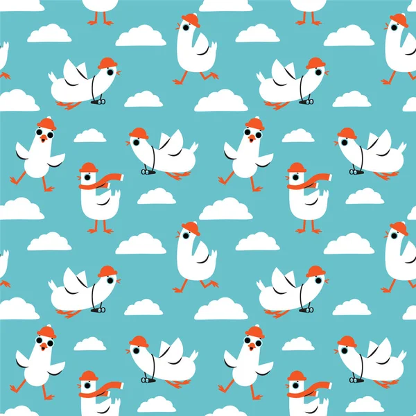 Seamless Pattern Cartoon White Goose Birds Background Funny Seagulls Blue — Stock Vector