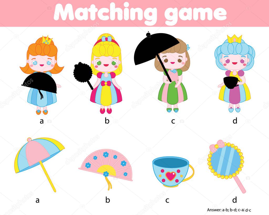 Shadow matching game. Princess theme Kids activity. Find silhouettes of objects.