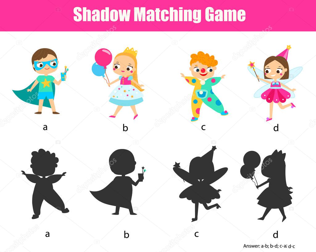 Shadow matching game. Find silhouettes of party kids. Activity for children elementary level
