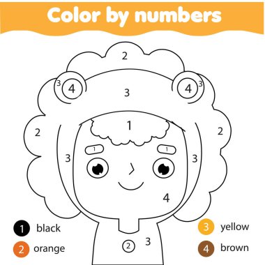 Hayvan kostümlü çocuk. Çocuklar için boyama sayfası. Eğitici çocuklar oyunu. Yürümeye başlayan çocuklar için numaralara göre renk