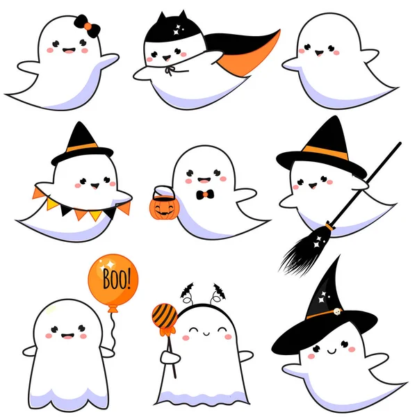 Roztomilí Duchové Rozkošné Halloween Postavy Kawaii Stylu Kolekce Izolovaného Vektorového — Stockový vektor