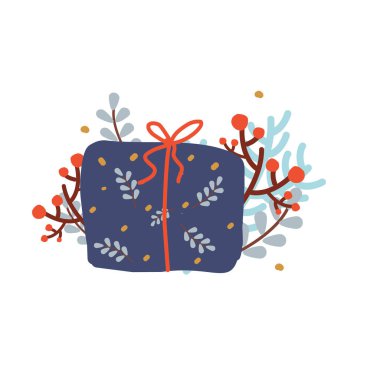 Noel hediyesi. Ladin, böğürtlen, orman dalları ve mevsimlik kış kutlaması için yapraklarla süslenmiş yeni yıl hediyesi kutusu.