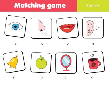 Çocukları eğitme oyunu eşleşmesi. Nesneleri insan duyularıyla eşleştir. Çocuklar ve yeni yürümeye başlayanlar için öğrenme biçimi etkinliği.
