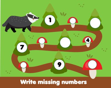 Çocuklar için matematik öğretici bir oyun. Satırı tamamla, eksik sayıları yaz. Orman hayvanları çocuklar ve yeni yürümeye başlayanlar için çalışma teması. Birden ona kadar say.
