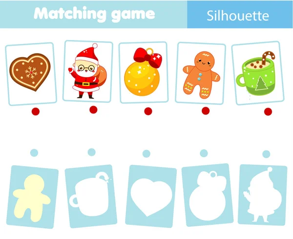 Schaduw Matching Spel Voor Kinderen Vind Silhouette Kerstmis Nieuwjaar Thema — Stockvector