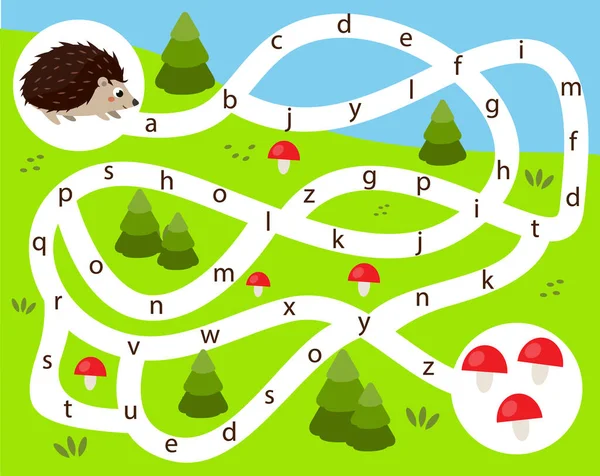 Abeceda Labyrint Puzzle Pomozte Ježkovi Najít Cestu Houbám Zvířata Téma — Stockový vektor