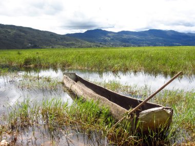 Landscape panorama view of river with the boat on field