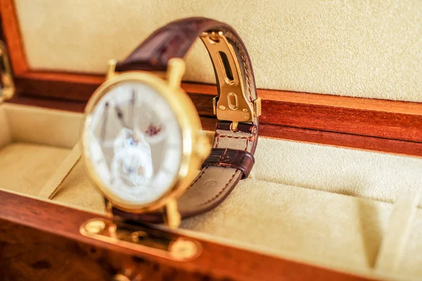 Close-up brown wristlet dengan elemen emas — Stok Foto