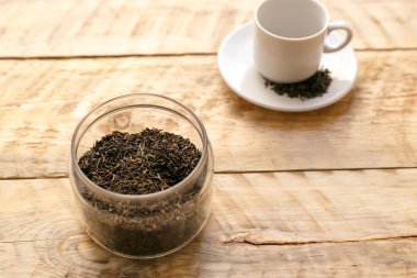 Çay seti ahşap arka plan üstten görünüm üzerinde