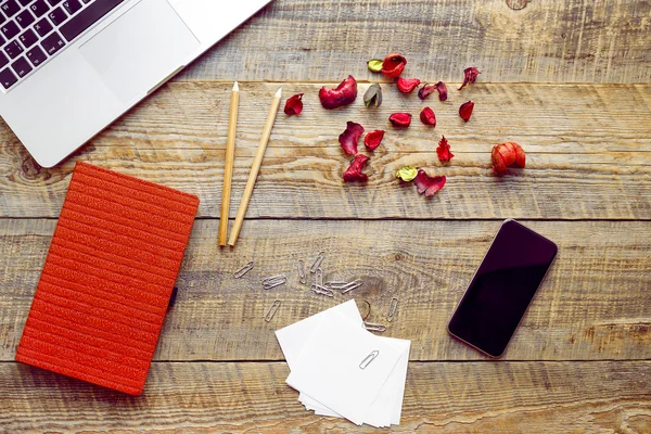 Comfortable working place at wooden table