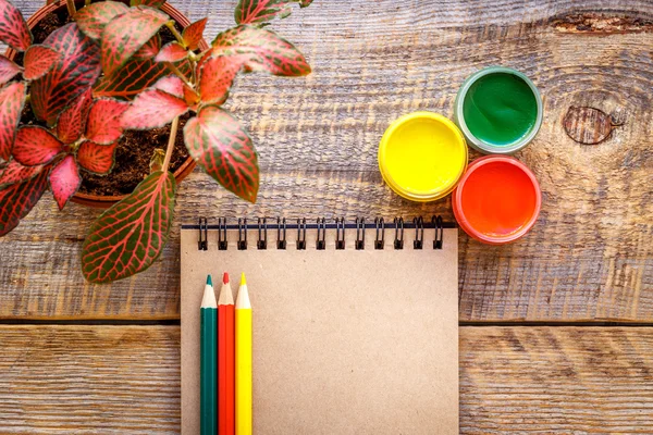 Hobby local de trabalho pintura com lápis de cor, gouache frascos vista superior — Fotografia de Stock