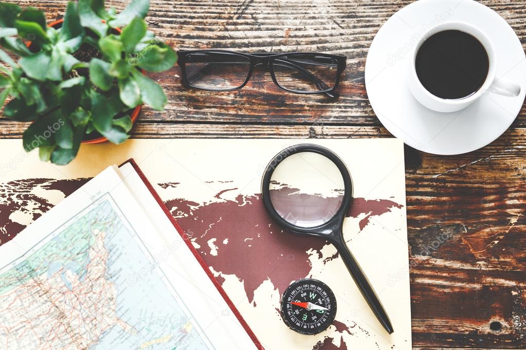 world map on a wooden table top view