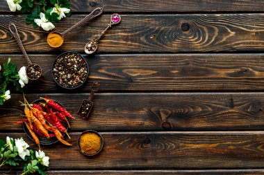 Karışık sıcak baharat ve bitkilerin yerleşimi, üst görünüm