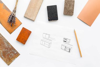 İç taslak ve planlar, malzeme renk örnekleri, üst görünüm