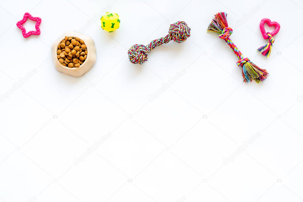 Pet toys accessories for dogs and cats on white background, top view