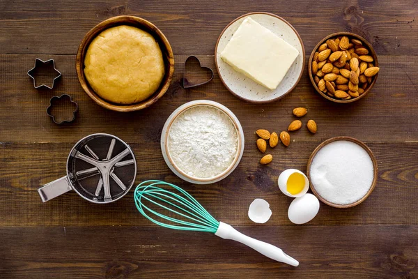 Baking ingredients for pastry with flour, butter and eggs, biscuits