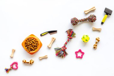 Evcil köpek oyuncakları izole edilmiş. Lastik top, kuru yiyecek ve tekstil aksesuarları, üst manzara.