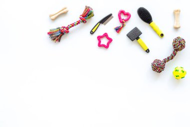 Köpek ve kedi için aksesuarlı hayvan bakımı. Oyuncaklar ve kuru gıda manzarası