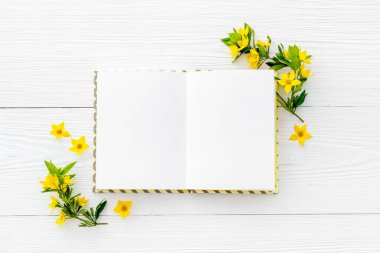 Üzerinde sarı bahar çiçekleri olan beyaz kağıt boş, tepeden bakıldığında
