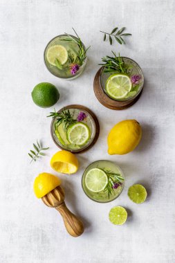 Yaz otları ve limon dilimleriyle soğuk taze kokteyl.