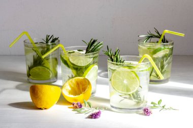 Limon dilimli limonata ve limon sıkacağı bardakta otlar.