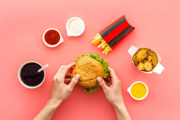 Set of junk food snacks with hamburger chicken nuggets and french fries — Stock Photo, Image
