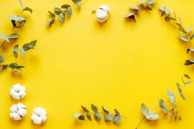 Okaliptüs yaprakları ve pamuk çiçekleriyle süslenmiş ağaç dalları