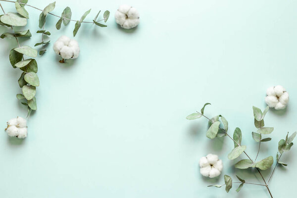 Round frame floral pattern with eucalyptus leaves and cotton