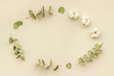 Okaliptüs yaprakları ve pamuk çiçekleriyle süslenmiş ağaç dalları