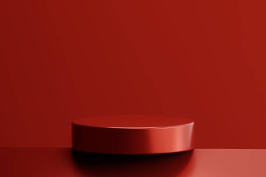 Tek renkli kırmızı bir ortamda minimalist bir podyum. Görüntü karmaşıklık yayar ve ürün yerleştirme alanı sağlar.