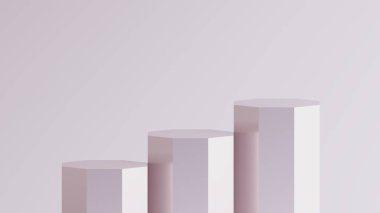 Yumuşak bir zemine karşı üç farklı yükseklikte podyum, bir ürün veya konsept sergilemek için mükemmel. Minimalist tasarım bir zarafet ve karmaşıklık hissi sunar..