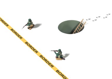 Tunnel and Footprints Behind Border Crossing and Toy Army Men clipart