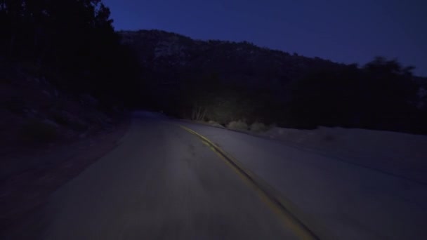 Alpine Forest Road Dawn Οδήγηση Πλάκα Πίσω Προβολή Καλιφόρνια Ηπα — Αρχείο Βίντεο