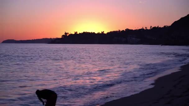 Sunset Silhouettes Man Jugando Malibu Beach California — Vídeo de stock