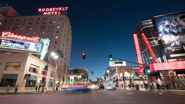 Hollywood Blvd Traffic Crowds Time Lapse Zmierzchu Roosevelt Hotel Kalifornia — Wideo stockowe
