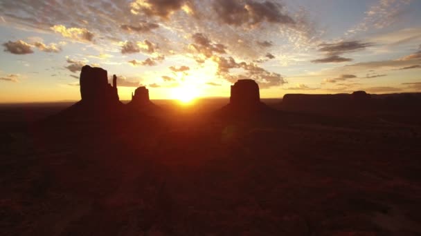 Monument Valley Sunrise East West Mitten Merrick Butte Aerial Shot — Stock video