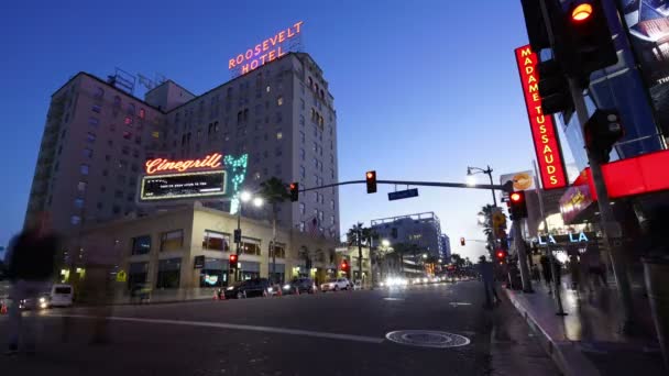 Hollywood Blvd Roosevelt Hotel Time Lapse Anoitecer Califórnia Eua — Vídeo de Stock