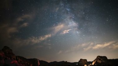 Samanyolu Galaksisi Joshua Tree Ulusal Parkı 'nın üzerinde Kaliforniya Gizli Vadisi Kampı