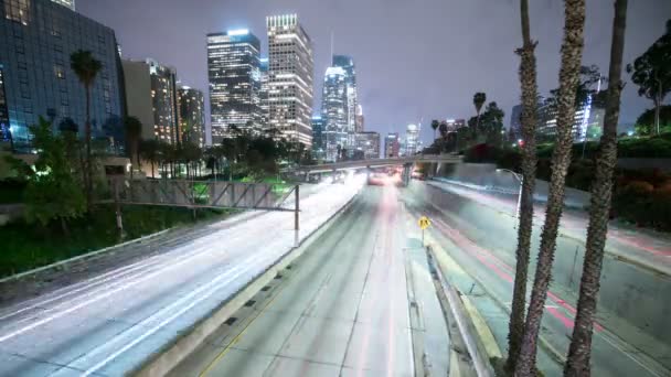 Los Angeles Downtown Arranha Céus Freeway Traffic Time Lapse Palm — Vídeo de Stock