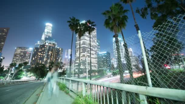 Los Angeles Downtown Ουρανοξύστες Αυτοκινητόδρομος Traffic Time Lapse Palm Trees — Αρχείο Βίντεο