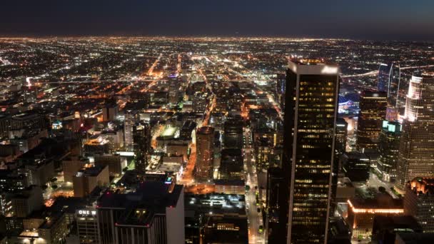 Aerial Time Lapse Los Angeles Downtown Skyscrapers Traffic Dusk California — Vídeos de Stock