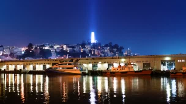 San Francisco Skyline Coit Tower Reflected Ocean Tilt California Usa — Stok Video