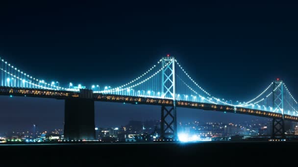 San Francisco Bay Bridge Night Skyline Closeup Pan Right California — Vídeos de Stock
