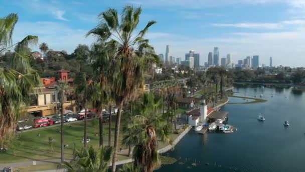Los Angeles Aerial Shot Downtown Skyline Palm Trees Echo Park — Stock Video