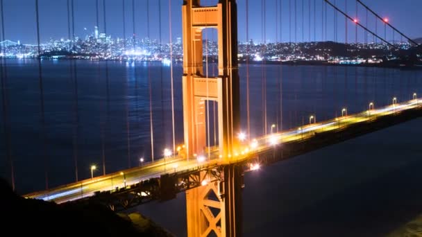 San Francisco Skyline Golden Gate Bridge Reflected Ocean Pan Right — стокове відео