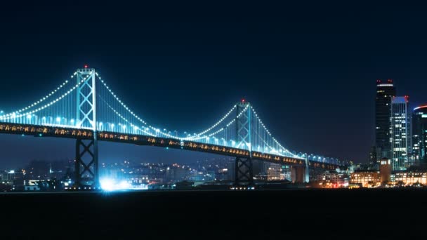 San Francisco Bay Bridge Night Skyline Pan Left California Usa — Vídeos de Stock