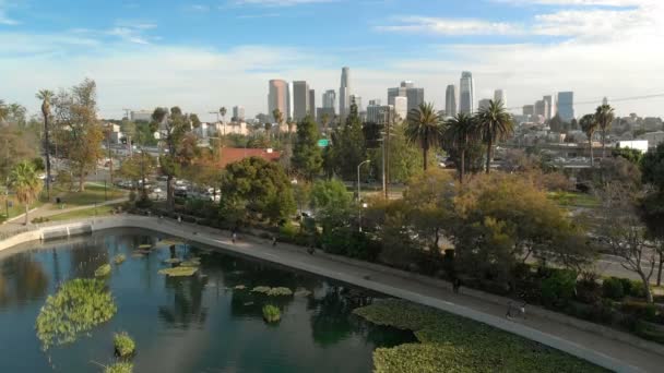 Los Angeles Aerial Shot Downtown Skyline Πάνω Από Palm Trees — Αρχείο Βίντεο