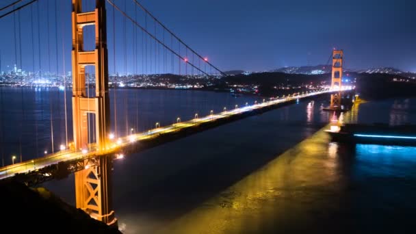 San Francisco Skyline Golden Gate Bridge Reflected Ocean Pan Left — 图库视频影像